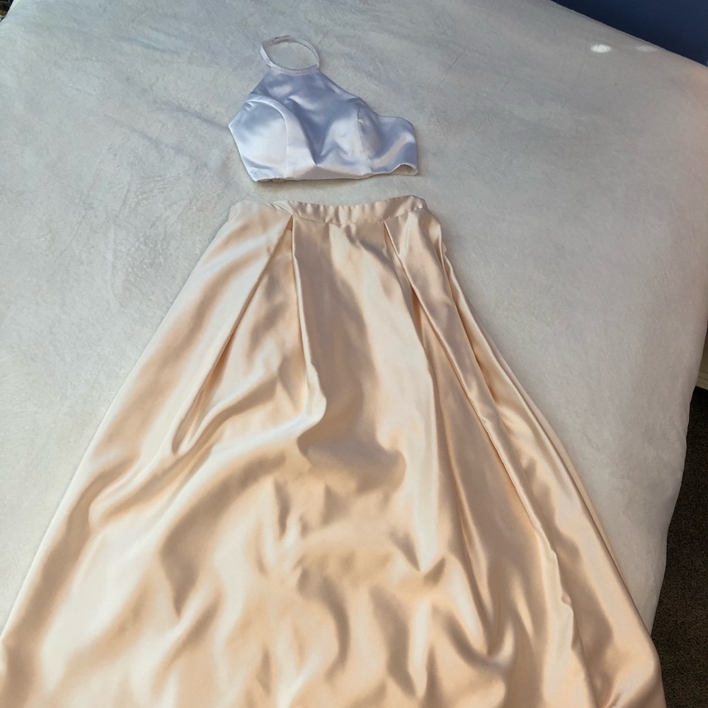 Two piece cream and yellow prom dress with pockets